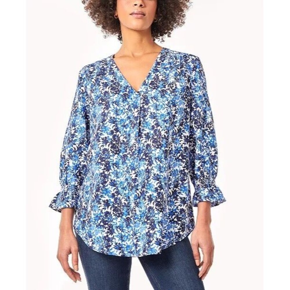 Jones New York Women's Floral Linen Blend Blouse Smocked Cuff V-Neck Top Medium